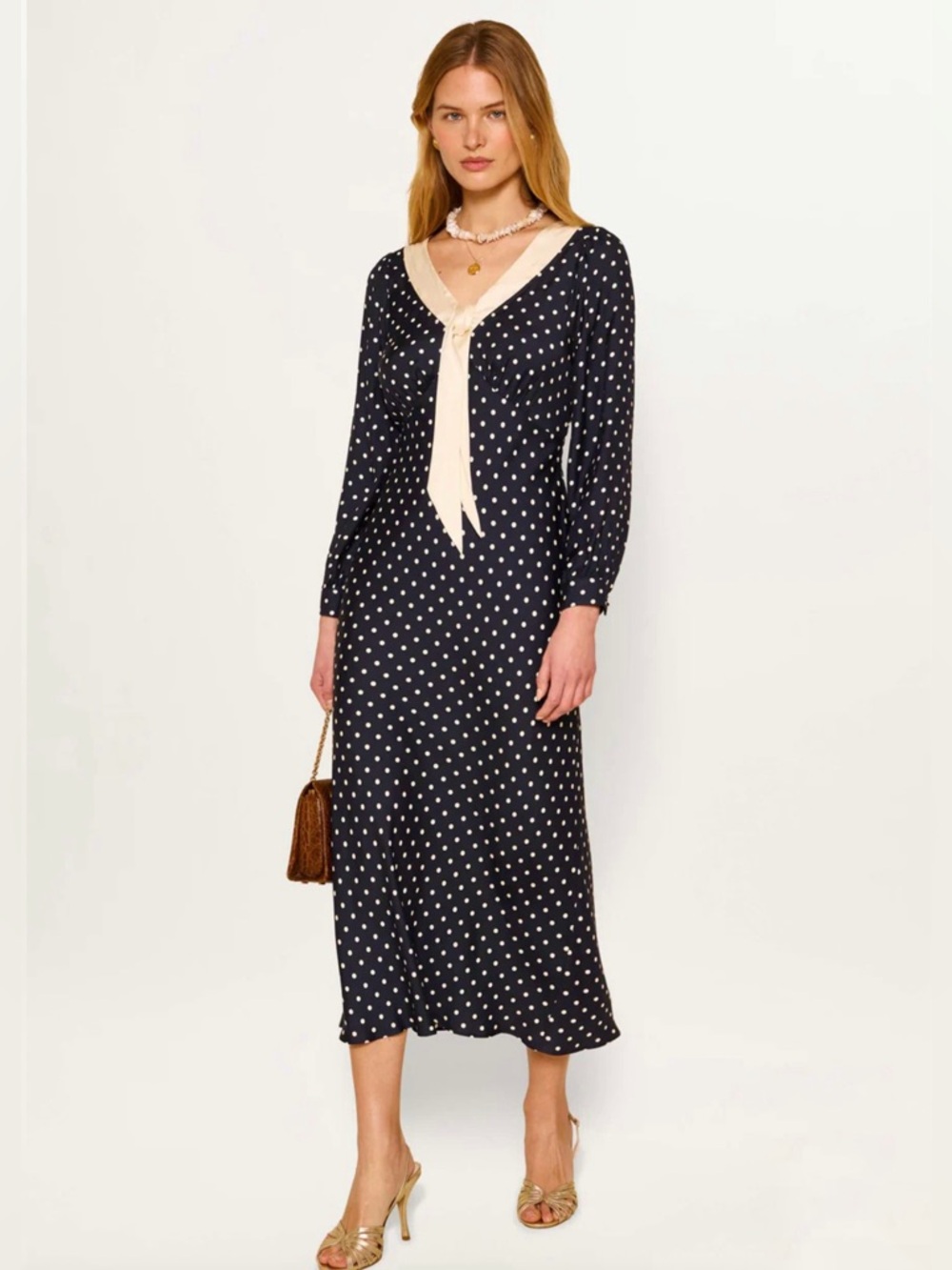 RIXO London Lotta Midi Polka Dot Deep Navy Dress NEW